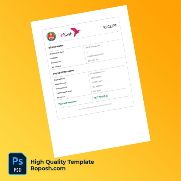 Bangladesh DNCC Holding Tax Editable Holding Tax Receipt Template in Word and PDF formats