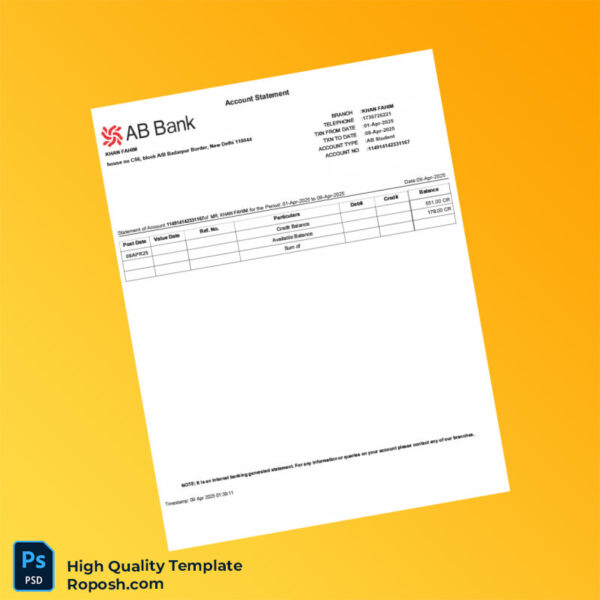 Bangladesh AB Bank Statement Template in Word and PDF formats