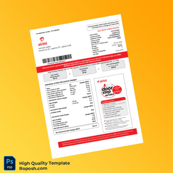 Bangladesh Airtel Editable Mobile Bill Template in Word and PDF formats