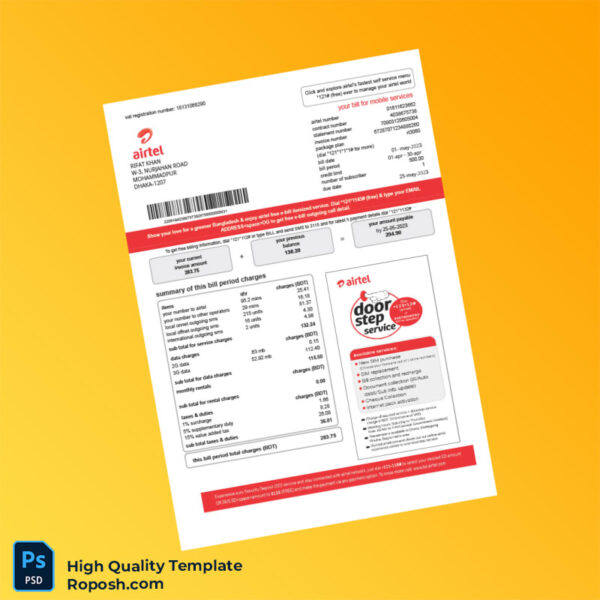 Bangladesh Airtel Editable Phone Bill Template in Word and PDF formats