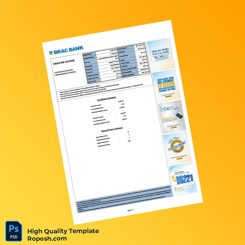 Bangladesh BRAC Bank Credit Card Statement Template in Word and PDF formats 2 page Bangladesh BRAC Bank Credit Card Statement Template in Word and PDF formats 2 page