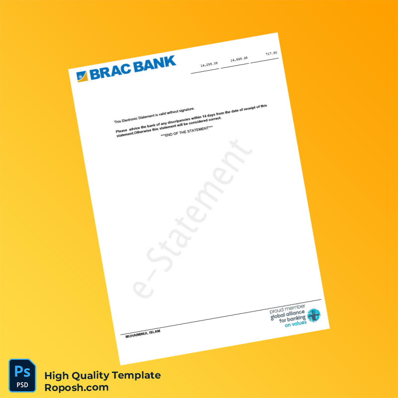 Bangladesh BRAC Bank Statement Template in Word and PDF formats 2 page Bangladesh BRAC Bank Statement Template in Word and PDF formats 2 page