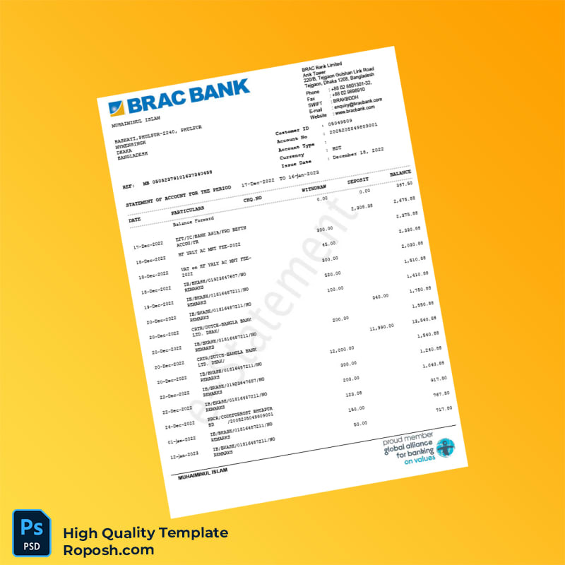 Bangladesh BRAC Bank Statement Template in Word and PDF formats 2 page Bangladesh BRAC Bank Statement Template in Word and PDF formats 2 page