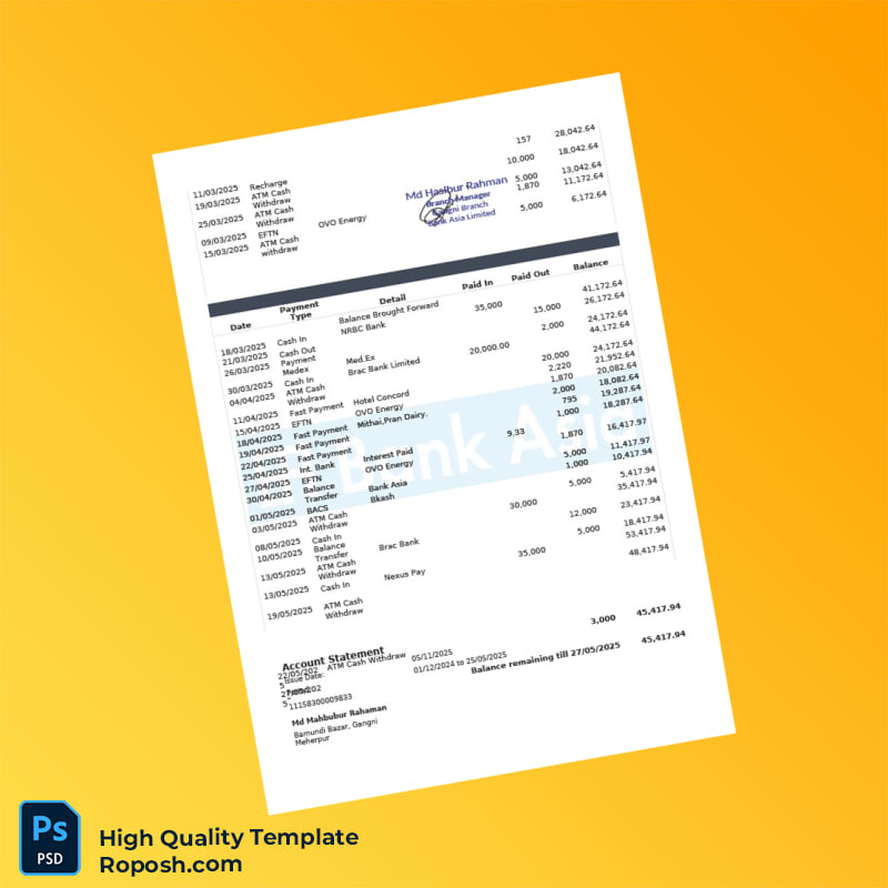 Bangladesh Bank Asia Account Statement Template in Word and PDF formats 3 page Bangladesh Bank Asia Account Statement Template in Word and PDF formats 3 page
