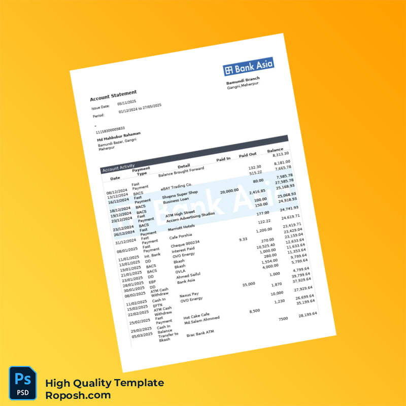 Bangladesh Bank Asia Account Statement Template in Word and PDF formats 3 page Bangladesh Bank Asia Account Statement Template in Word and PDF formats 3 page