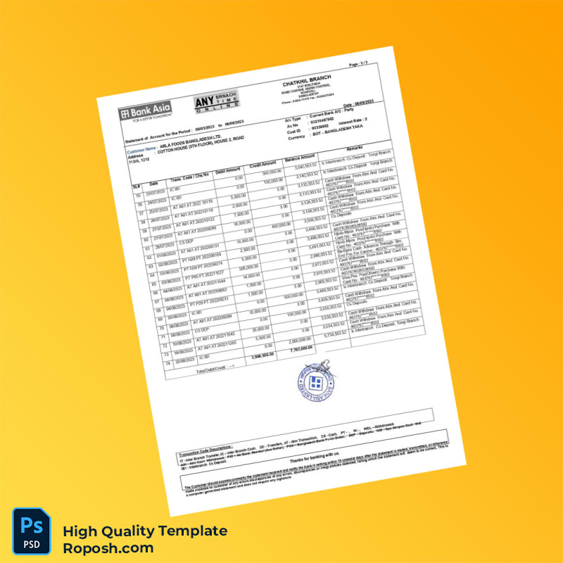 Bangladesh Bank Asia Statement Template in Word and PDF formats 4 page Bangladesh Bank Asia Statement Template in Word and PDF formats 4 page