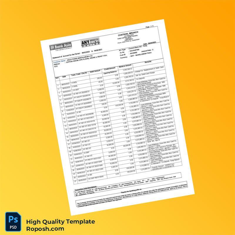 Bangladesh Bank Asia Statement Template in Word and PDF formats 4 page Bangladesh Bank Asia Statement Template in Word and PDF formats 4 page
