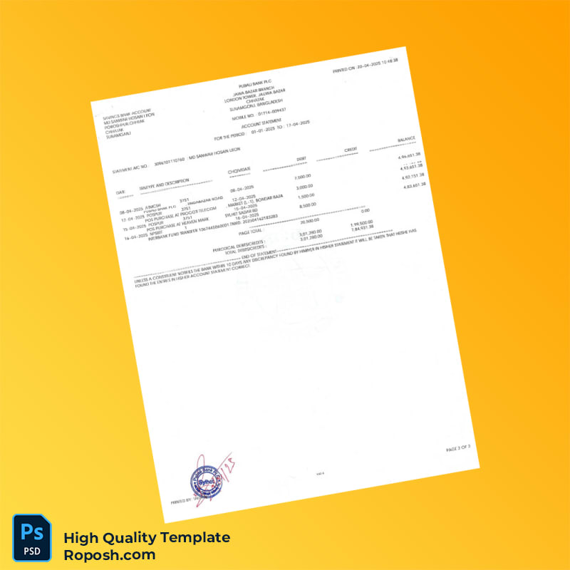 Bangladesh Bank Statement Template in Word and PDF formats 2 page Bangladesh Bank Statement Template in Word and PDF formats 2 page