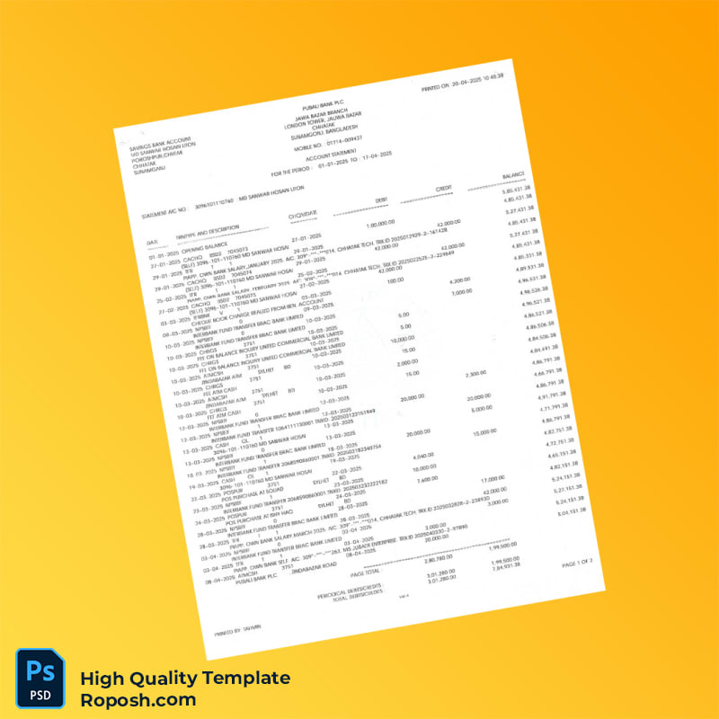 Bangladesh Bank Statement Template in Word and PDF formats 2 page Bangladesh Bank Statement Template in Word and PDF formats 2 page