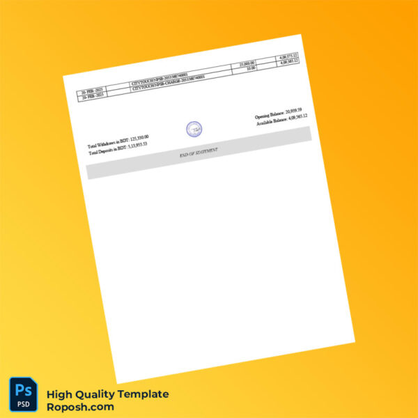 Bangladesh City Bank Account Statement Template in Word and PDF formats 2 page
