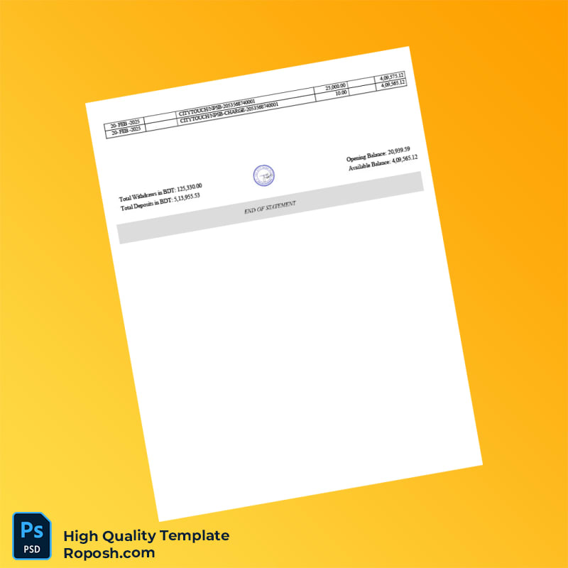 Bangladesh City Bank Account Statement Template in Word and PDF formats 2 page Bangladesh City Bank Account Statement Template in Word and PDF formats 2 page