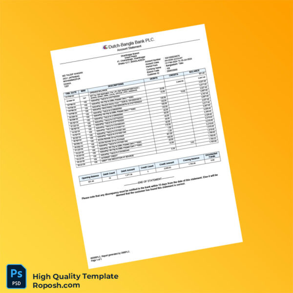 Bangladesh DBBL Bank Statement Template in Word and PDF formats