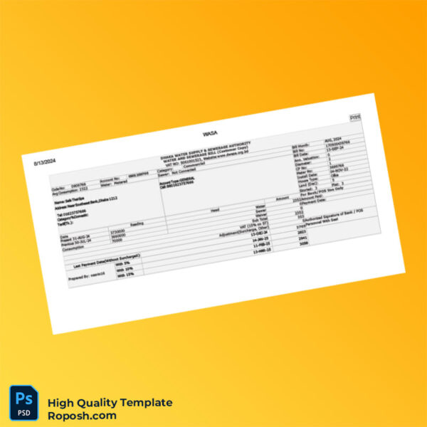 Bangladesh Dhaka Water Supply Sewerage Authority Editable Utility Bill Template in Word and PDF formats 3 page