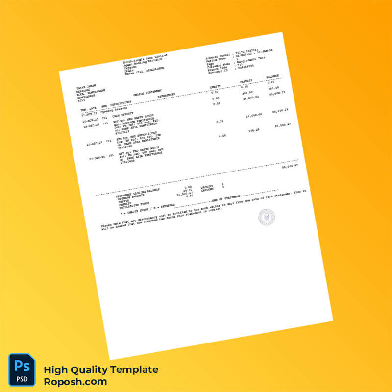 Bangladesh Dutch-Bangla Bank Limited Bank Statement Template in Word and PDF formats Bangladesh Dutch-Bangla Bank Limited Bank Statement Template in Word and PDF formats