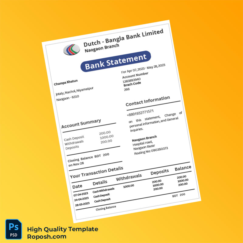 Bangladesh Dutch-Bangla Bank Statement Template in Word and PDF formats Bangladesh Dutch-Bangla Bank Statement Template in Word and PDF formats