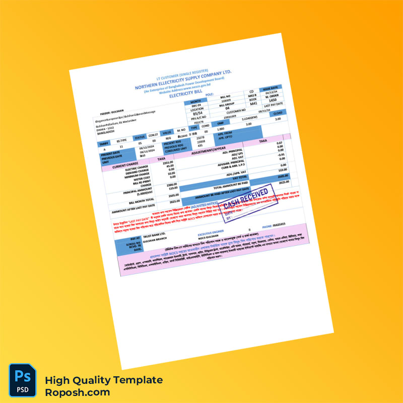 Bangladesh Elegance European Spa Editable Utility Bill Template in Word and PDF formats 2 page Bangladesh Elegance European Spa Editable Utility Bill Template in Word and PDF formats 2 page