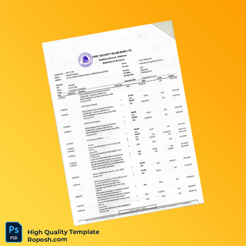 Bangladesh First Security Islami Bank Statement Template in Word and PDF formats 4 page Bangladesh First Security Islami Bank Statement Template in Word and PDF formats 4 page