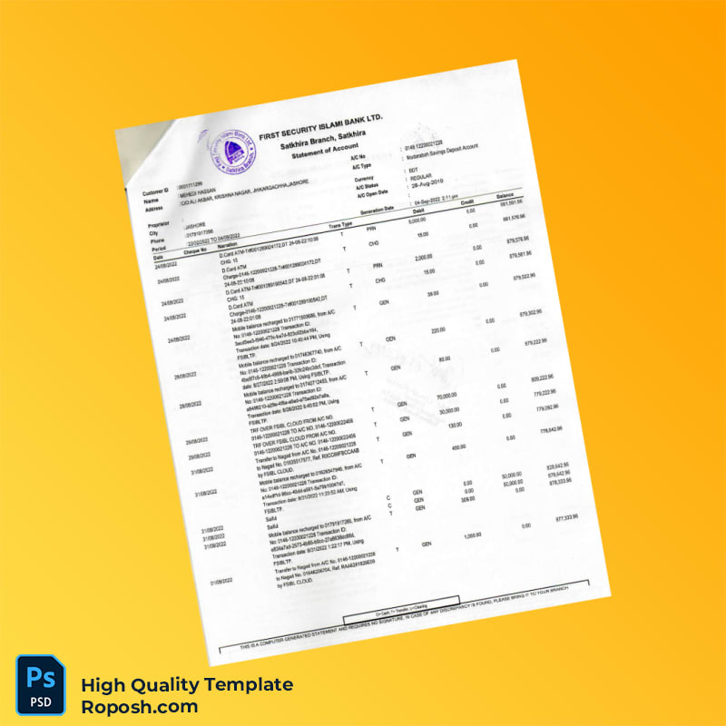 Bangladesh First Security Islami Bank Statement Template in Word and PDF formats 4 page Bangladesh First Security Islami Bank Statement Template in Word and PDF formats 4 page