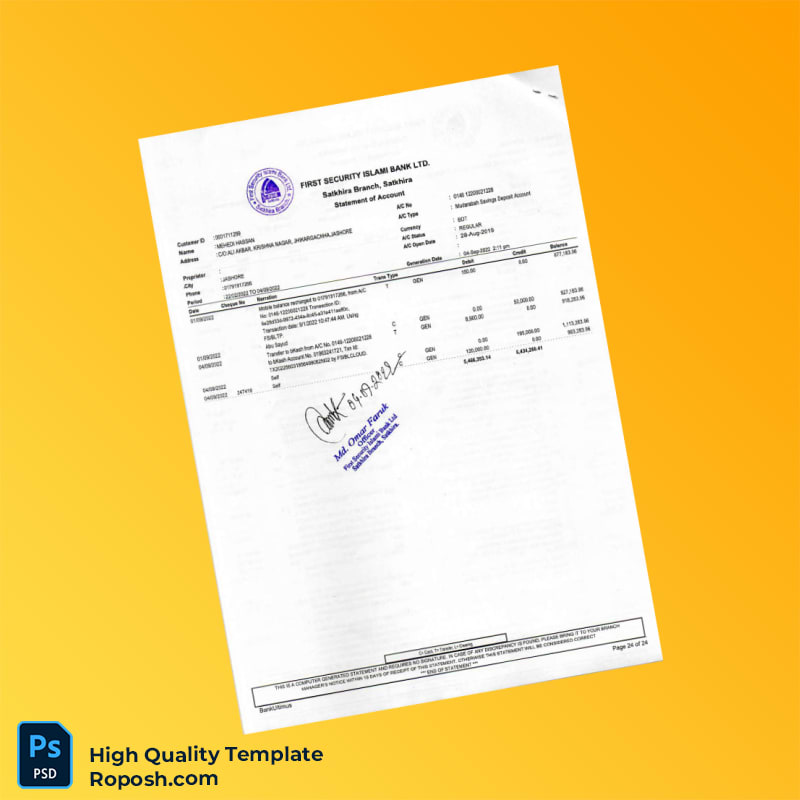 Bangladesh First Security Islami Bank Statement Template in Word and PDF formats 4 page Bangladesh First Security Islami Bank Statement Template in Word and PDF formats 4 page