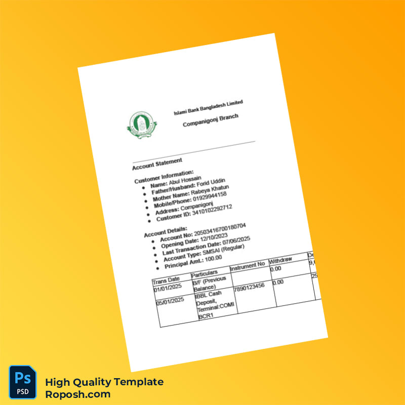 Bangladesh Islami Bank Limited Editable Account Statement Template in Word and PDF formats 3 page Bangladesh Islami Bank Limited Editable Account Statement Template in Word and PDF formats 3 page