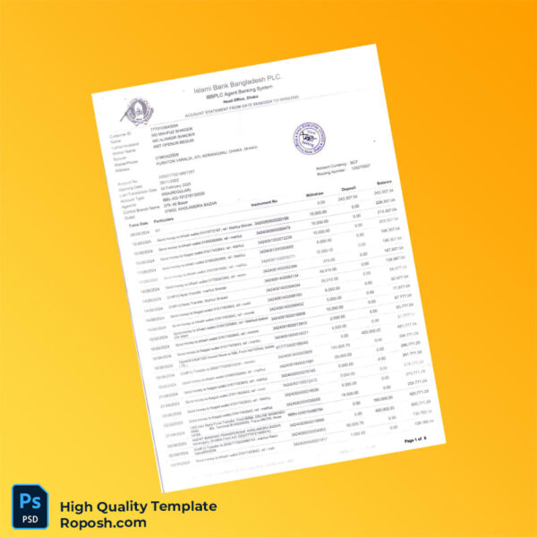 Bangladesh Islami Bank Statement Template in Word and PDF formats