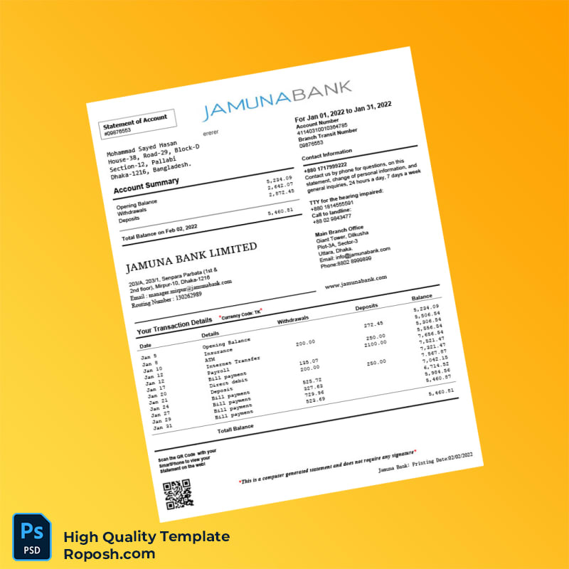 Bangladesh Jamuna Bank Bank Statement Template in Word and PDF formats Bangladesh Jamuna Bank Bank Statement Template in Word and PDF formats