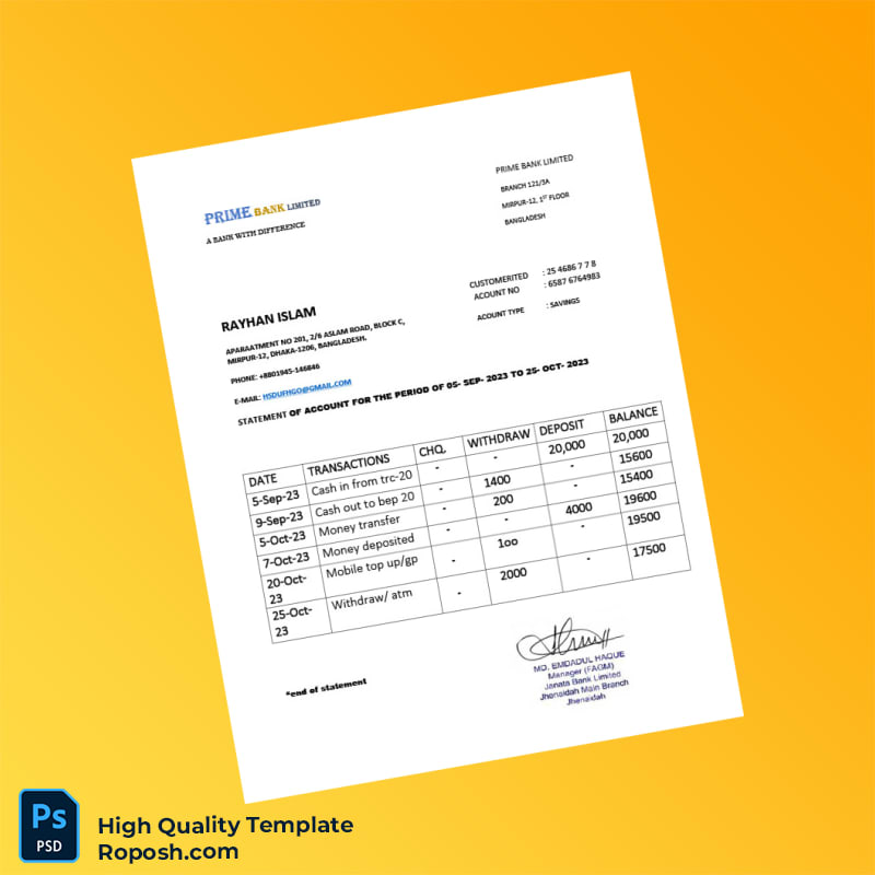 Bangladesh Janata Bank Limited Bank Statement Template in Word and PDF formats Bangladesh Janata Bank Limited Bank Statement Template in Word and PDF formats