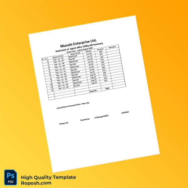 Bangladesh Munshi Enterprise LTD Editable Utility Bill Template in Word and PDF formats