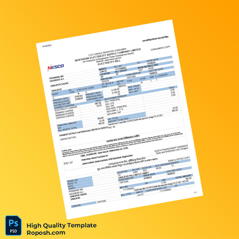 Bangladesh NESCO Editable Electricity Bill Template in Word and PDF formats Bangladesh NESCO Editable Electricity Bill Template in Word and PDF formats