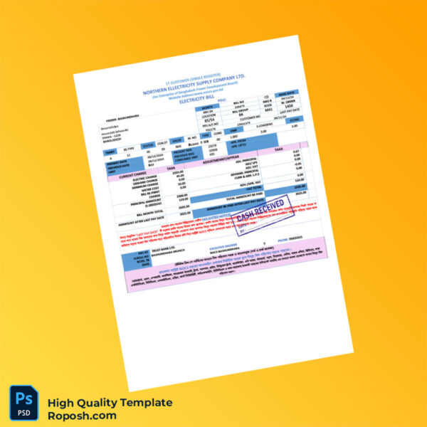Bangladesh Northern Electricity Supply Company Ltd Editable Electricity Bill Template in Word and PDF formats 2 page