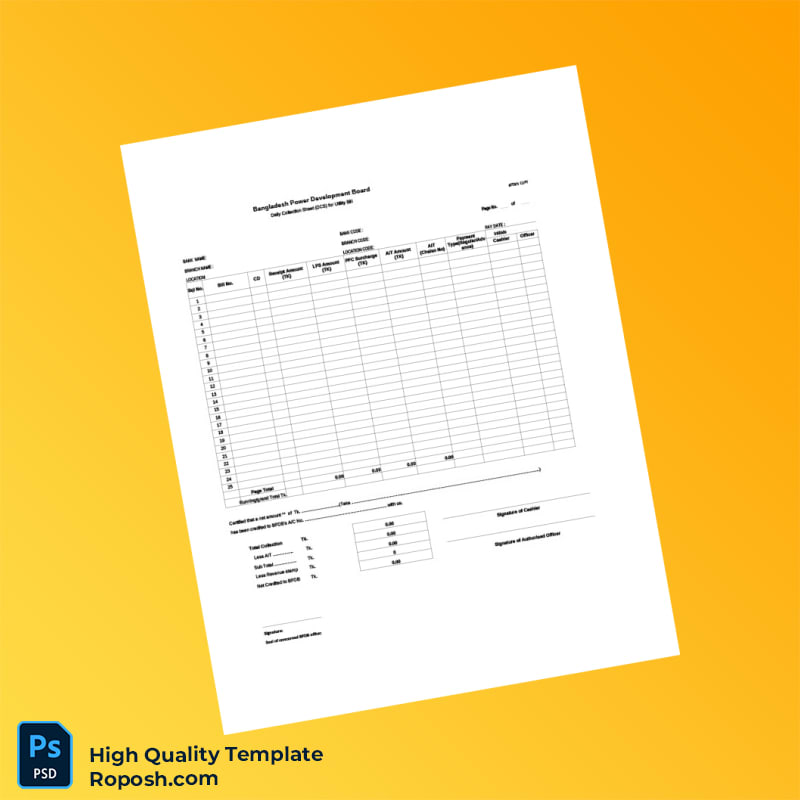 Bangladesh Power Development Board Editable Daily Collection Sheet DCS Template in Word and PDF formats Bangladesh Power Development Board Editable Daily Collection Sheet DCS Template in Word and PDF formats