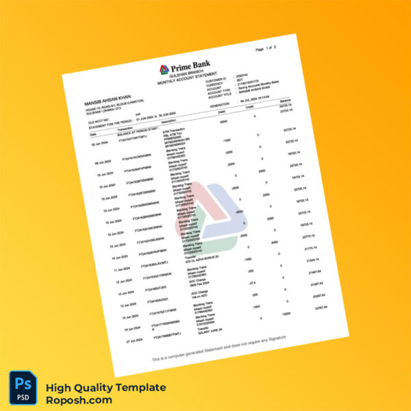 Bangladesh Prime Bank Salary Statement Template in Word and PDF formats 4 page