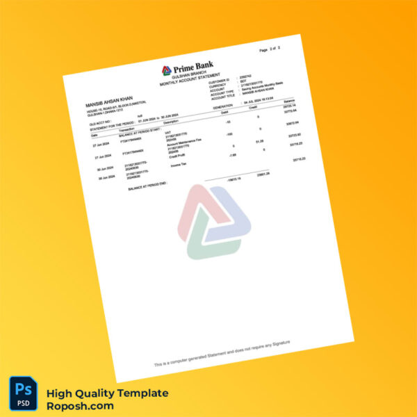 Bangladesh Prime Bank Salary Statement Template in Word and PDF formats 4 page