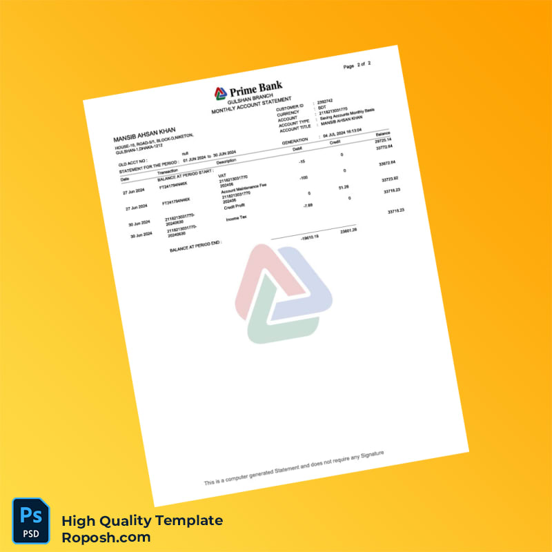 Bangladesh Prime Bank Salary Statement Template in Word and PDF formats 4 page Bangladesh Prime Bank Salary Statement Template in Word and PDF formats 4 page