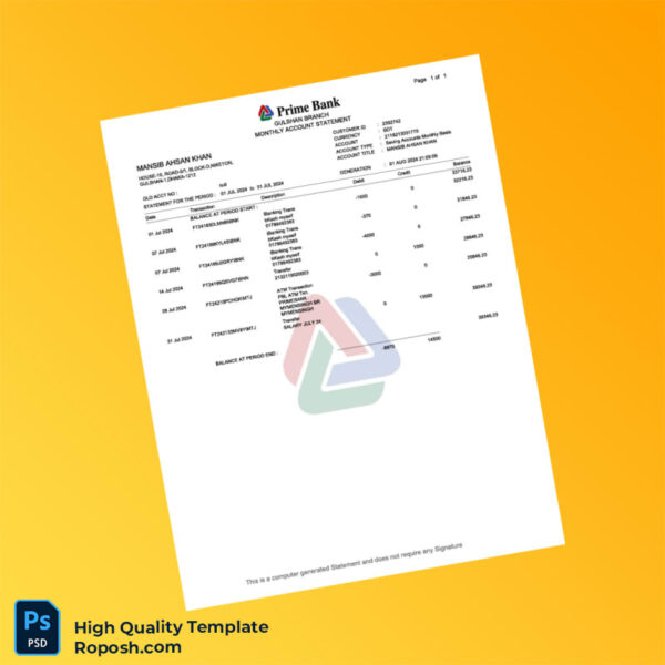 Bangladesh Prime Bank Salary Statement Template in Word and PDF formats 4 page