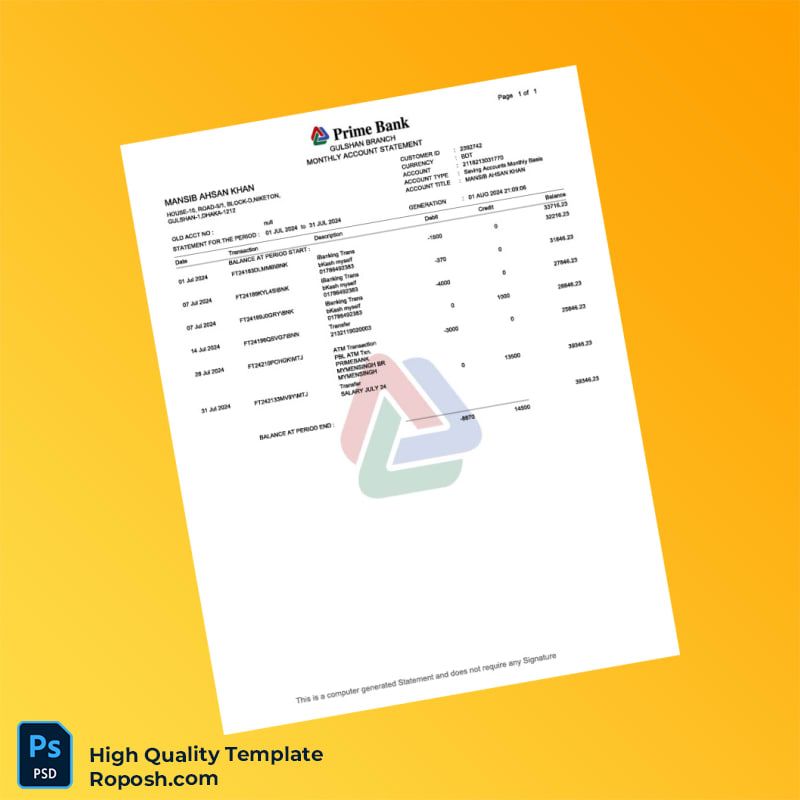 Bangladesh Prime Bank Salary Statement Template in Word and PDF formats 4 page Bangladesh Prime Bank Salary Statement Template in Word and PDF formats 4 page