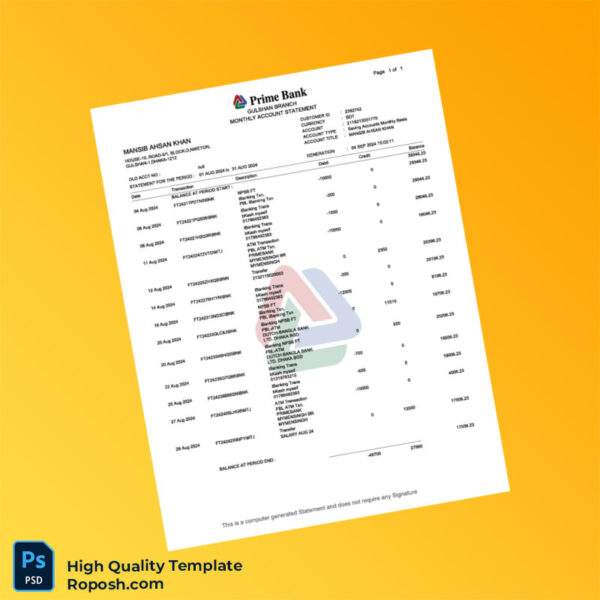 Bangladesh Prime Bank Salary Statement Template in Word and PDF formats 4 page