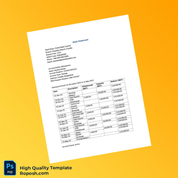 Bangladesh Pubali Bank Limited Bank Statement Template in Word and PDF formats 2 page