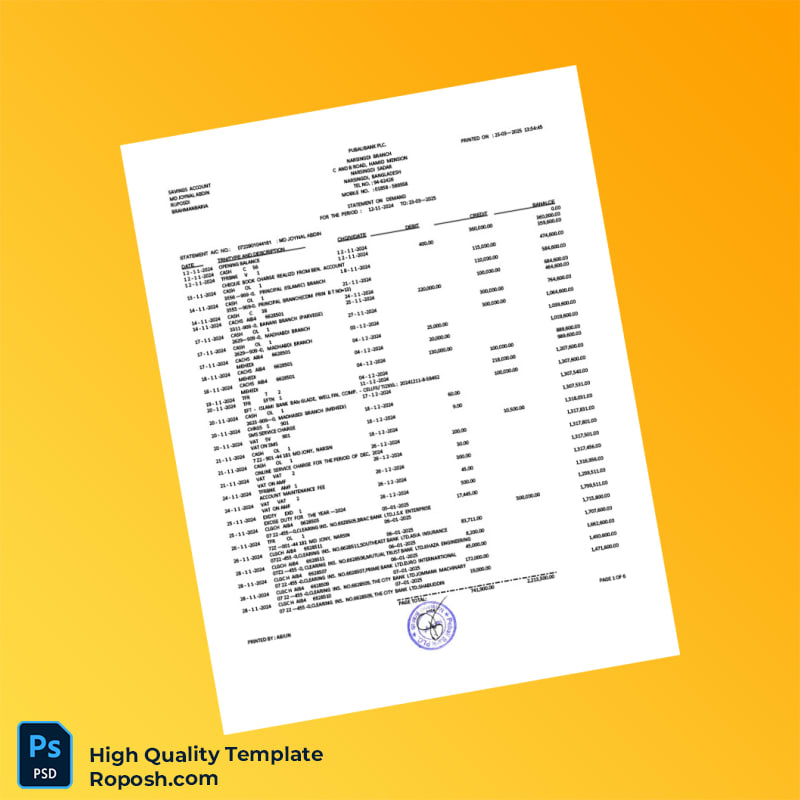 Bangladesh Pubali Bank Statement Template in Word and PDF formats 7 page Bangladesh Pubali Bank Statement Template in Word and PDF formats 7 page