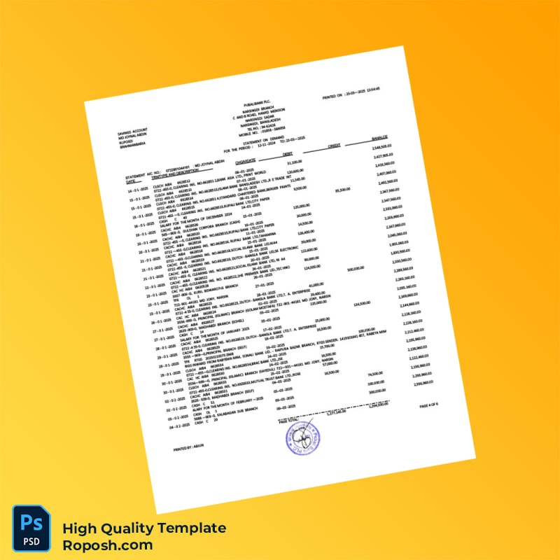 Bangladesh Pubali Bank Statement Template in Word and PDF formats 7 page Bangladesh Pubali Bank Statement Template in Word and PDF formats 7 page