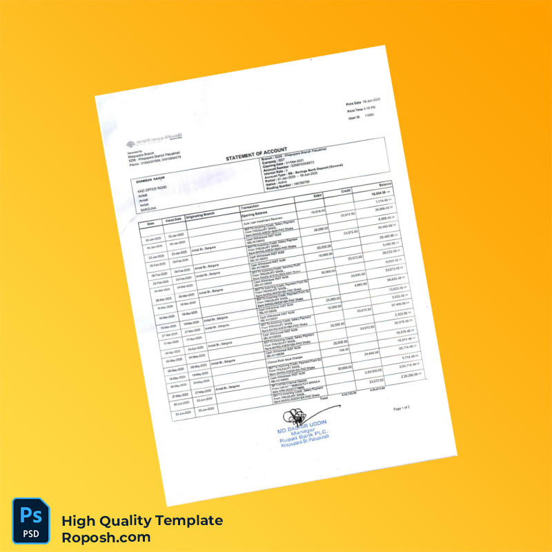 Bangladesh Rupali Bank Statement Template in Word and PDF formats 3 page Bangladesh Rupali Bank Statement Template in Word and PDF formats 3 page
