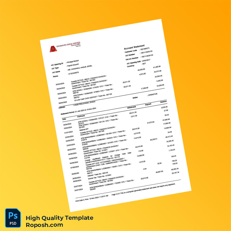 Bangladesh Shimanto Bank Limited Account Statement Template in Word and PDF formats 3 page Bangladesh Shimanto Bank Limited Account Statement Template in Word and PDF formats 3 page