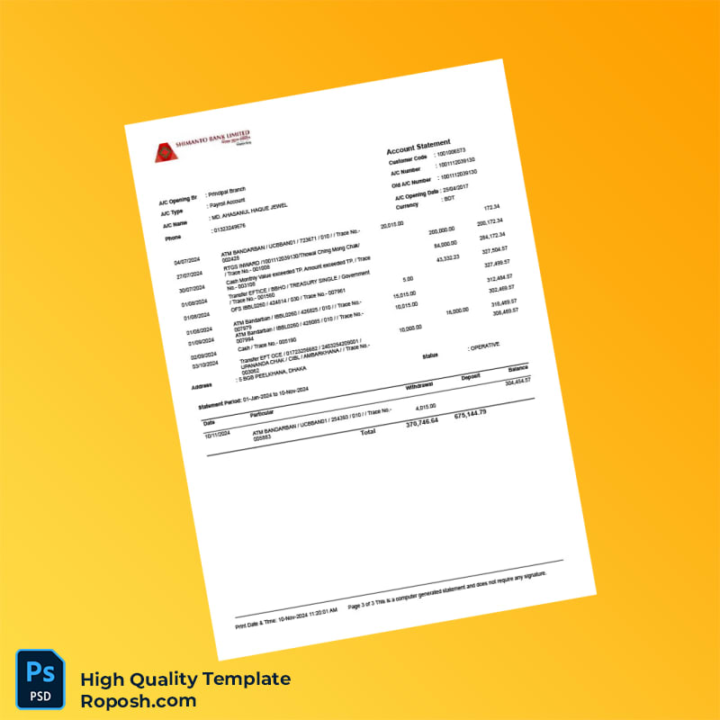 Bangladesh Shimanto Bank Limited Account Statement Template in Word and PDF formats 3 page Bangladesh Shimanto Bank Limited Account Statement Template in Word and PDF formats 3 page
