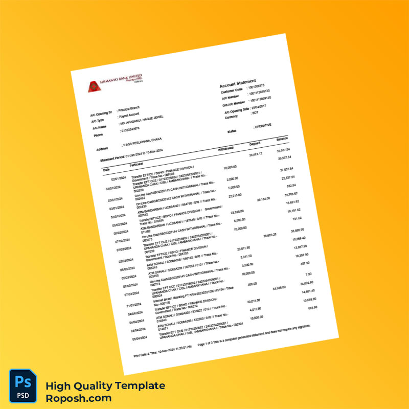 Bangladesh Shimanto Bank Limited Account Statement Template in Word and PDF formats 3 page Bangladesh Shimanto Bank Limited Account Statement Template in Word and PDF formats 3 page