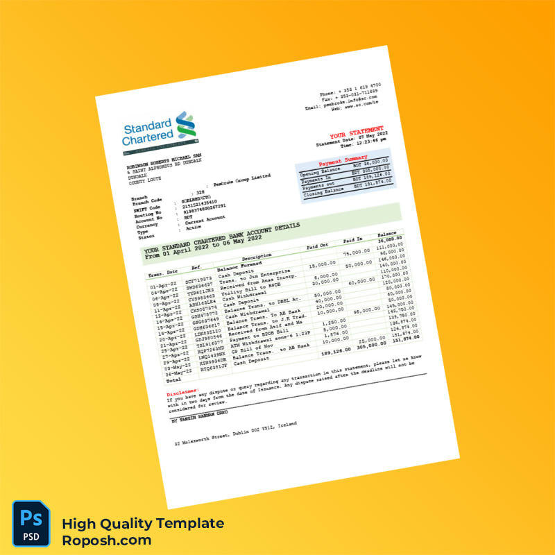 Bangladesh Standard Chartered Bank Editable Transaction Account Template in Word and PDF formats Bangladesh Standard Chartered Bank Editable Transaction Account Template in Word and PDF formats