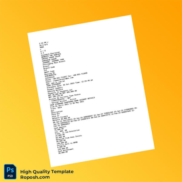 Bangladesh Standard Chartered Editable Bank Statement Template in Word and PDF formats 2 page