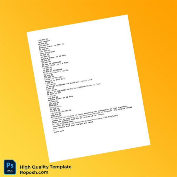 Bangladesh Standard Chartered Editable Bank Statement Template in Word and PDF formats 2 page