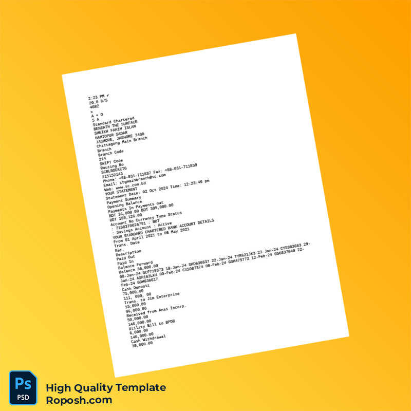 Bangladesh Standard Chartered Editable Bank Statement Template in Word and PDF formats 2 page Bangladesh Standard Chartered Editable Bank Statement Template in Word and PDF formats 2 page