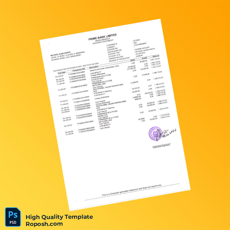 Bangladesh iBanking Bank Statement Template in Word and PDF formats 2 page Bangladesh iBanking Bank Statement Template in Word and PDF formats 2 page