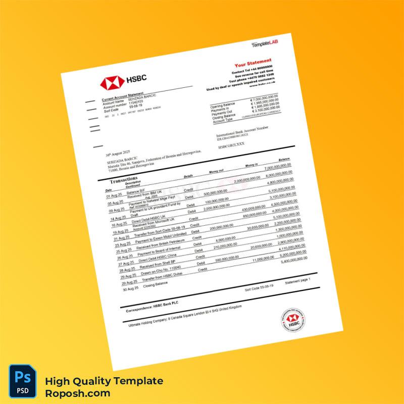 Bosnia and Herzegovina HSBC Bank Statement Template in Word and PDF formats Bosnia and Herzegovina HSBC Bank Statement Template in Word and PDF formats